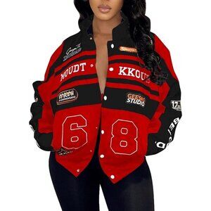 Women Varsity Jacket Motorcycle Racer Detachable Letter Graphic Jackets Red